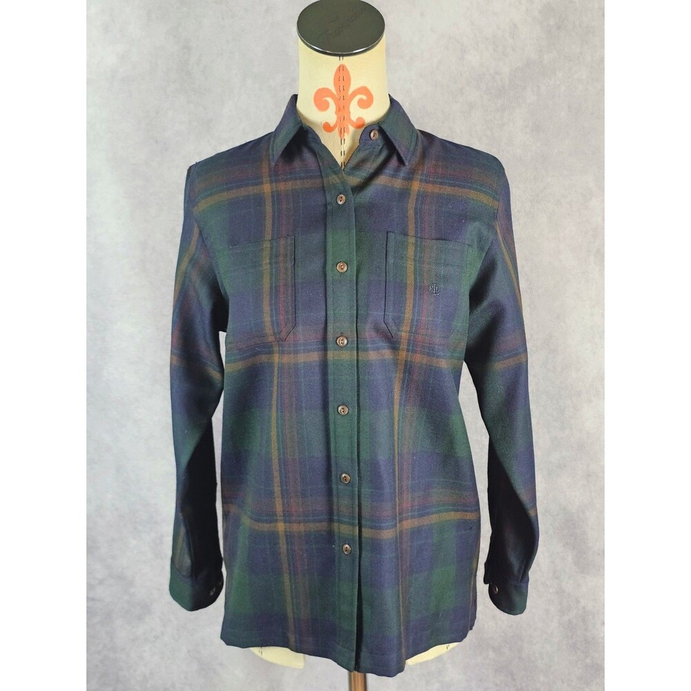 Lauren RL Women P/S Worsted Wool Plaid Button Up Shirt Long Slv Green Blue READ!